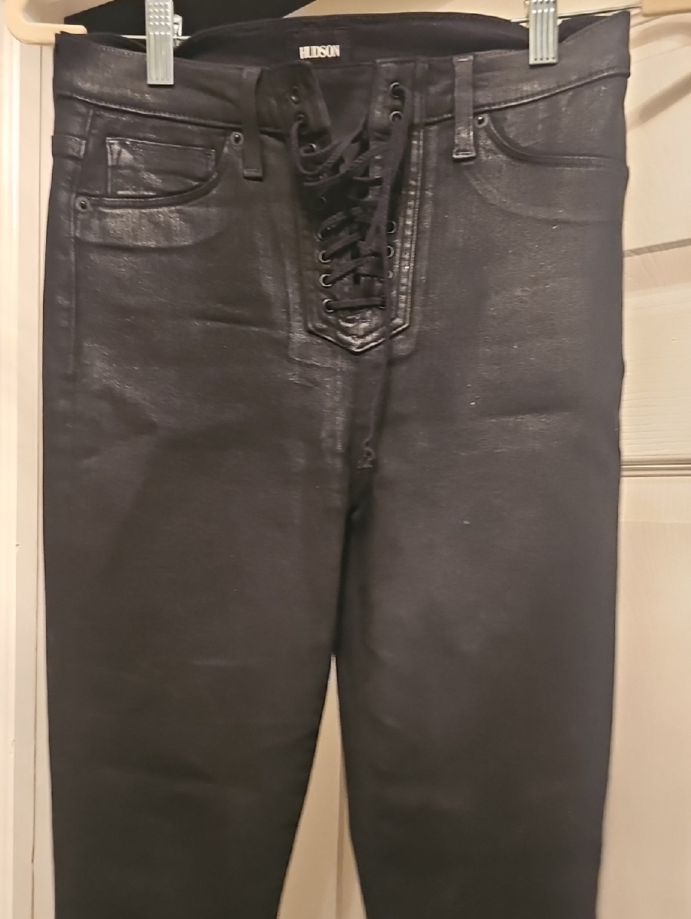 Hudson High Rise Lace Up Black Pants/ Leather Like Fabric